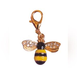 Bumble Bee Bag or Wallet Charm. Gold tone, Gold &Black Enamel, Rhinestone Wings